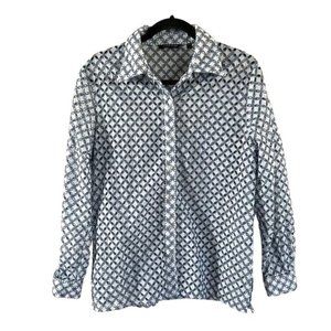 Samuel Dong Eyelet Cutout Button Down Long Sleeve Blouse, Blue White Sz Medium